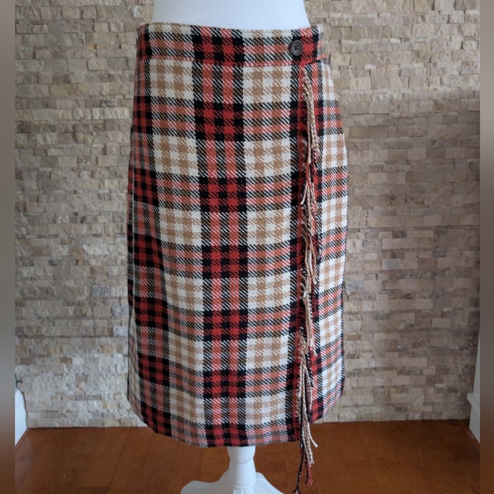 Talbots Wool Blend Faux Wrap Skirt Sz 6 Plaid Scottish Style Tartan Fringe